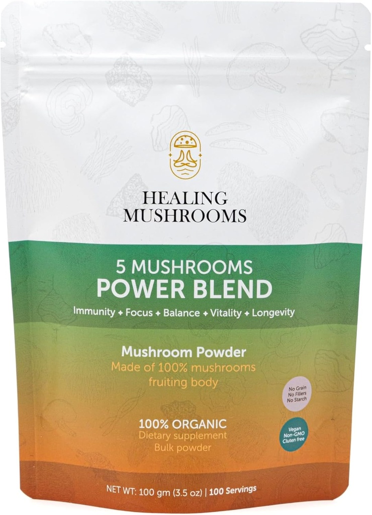 5 Paddenstoelen Power Bland, Organic Powder with Lions Mane, Reishi, Cordyceps, Turkey Tail, Chaga. 100 Gram