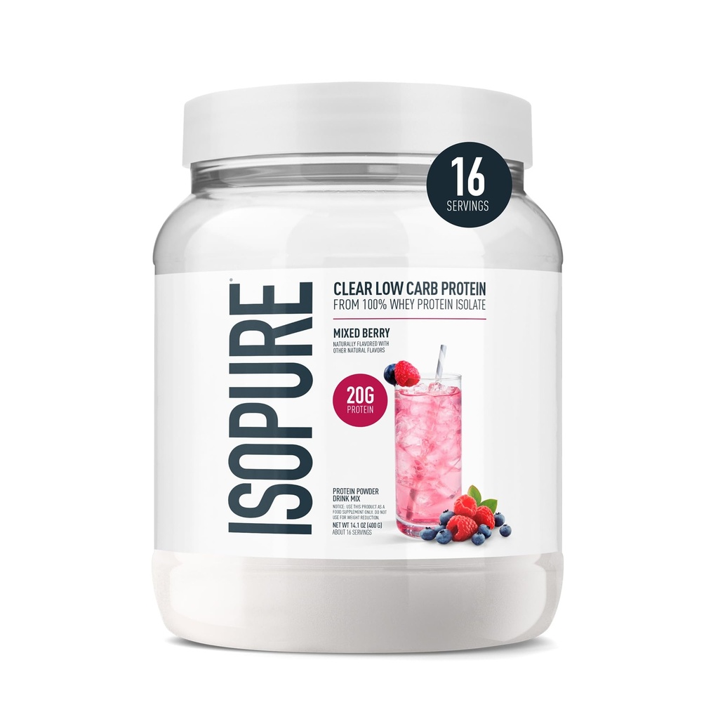 Isopure Clear Whey Isolaat Proteïne Poeder, Lactosevrij, Glutenvrij, Natuurlijk Gearomatiseerd, Gemengde Bessen, 20g Proteïne Per Serveren, 14,1 Oz, 16 Servers (Verpakking mei Vary)