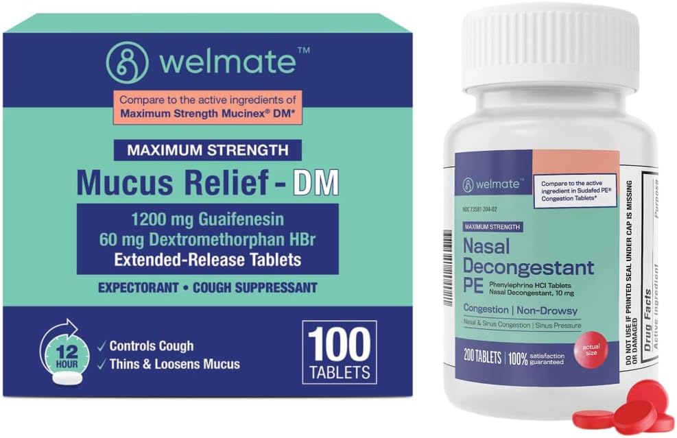 WELMATE complete koude & Allergie Relief Kit: maximale sterkte neus decongestant PE (200 tabletten) & slijm Relief DM 1200mg Guaifenesin/60mg DXM (100 Ct) - niet-drowsy Sinus, hoesten en congestie Relief
