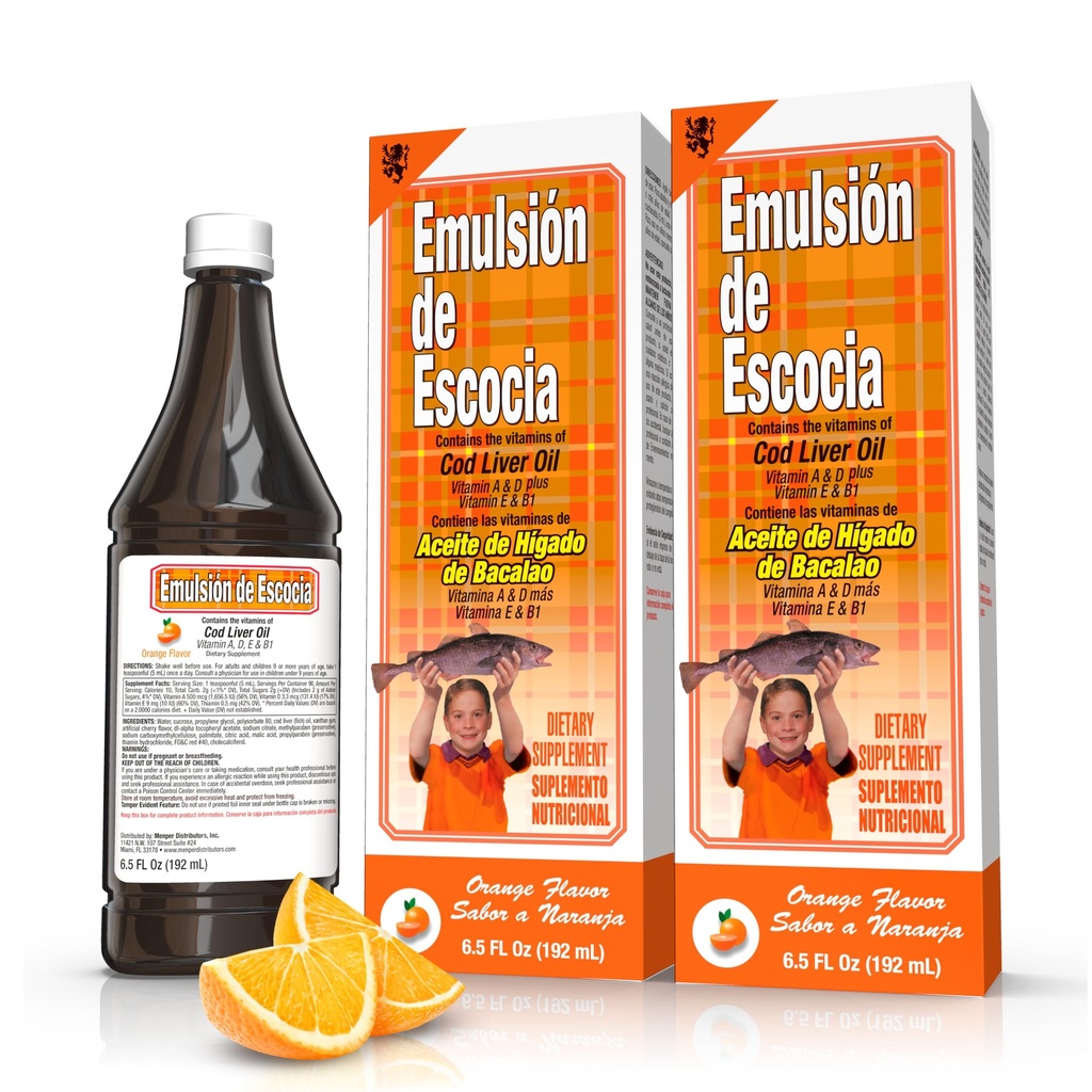Emulsión de Escocia Cod Lever Olie Complex met Vitaminen A, D, E, B1 - Natural Orange Flavor Dietary Supplement for Immune Support & Bone Health - Essential Omega 3 Fish Oil - 6,5 oz (2-pack)