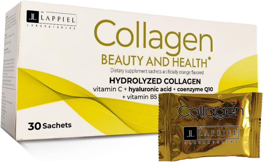 Gehydrolyseerde collagen Peptiden 30 poederverpakkingen met vitamine C (1000mg) en hyaluronzuur, dat ondersteunt haar, huid, nagels en gewrichten, sinaasappelsmaak, 30 porties