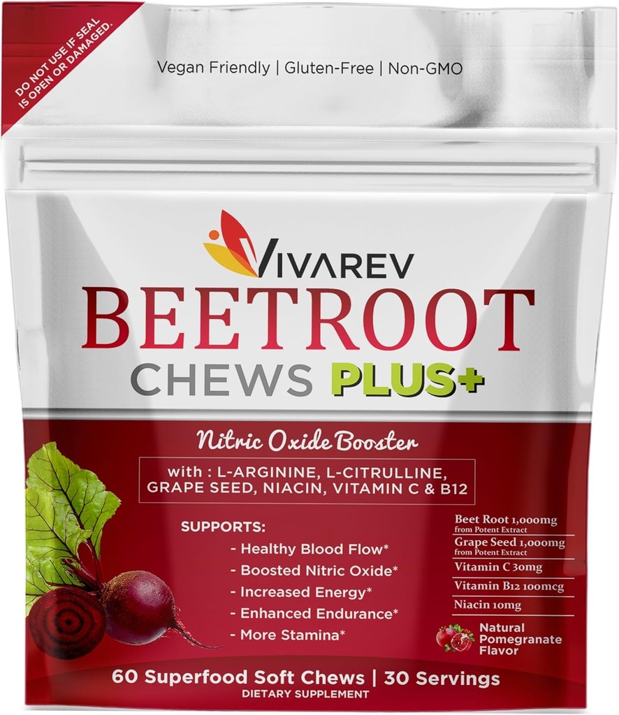 Rode bieten Nitric Oxide Supplement - 1000mg Beet poeder met L Arginine, L Citrulline, Grape Seed Extract, Niacin, Vitamine C & B12 - Beet Kauwgom - Verpakking van 60