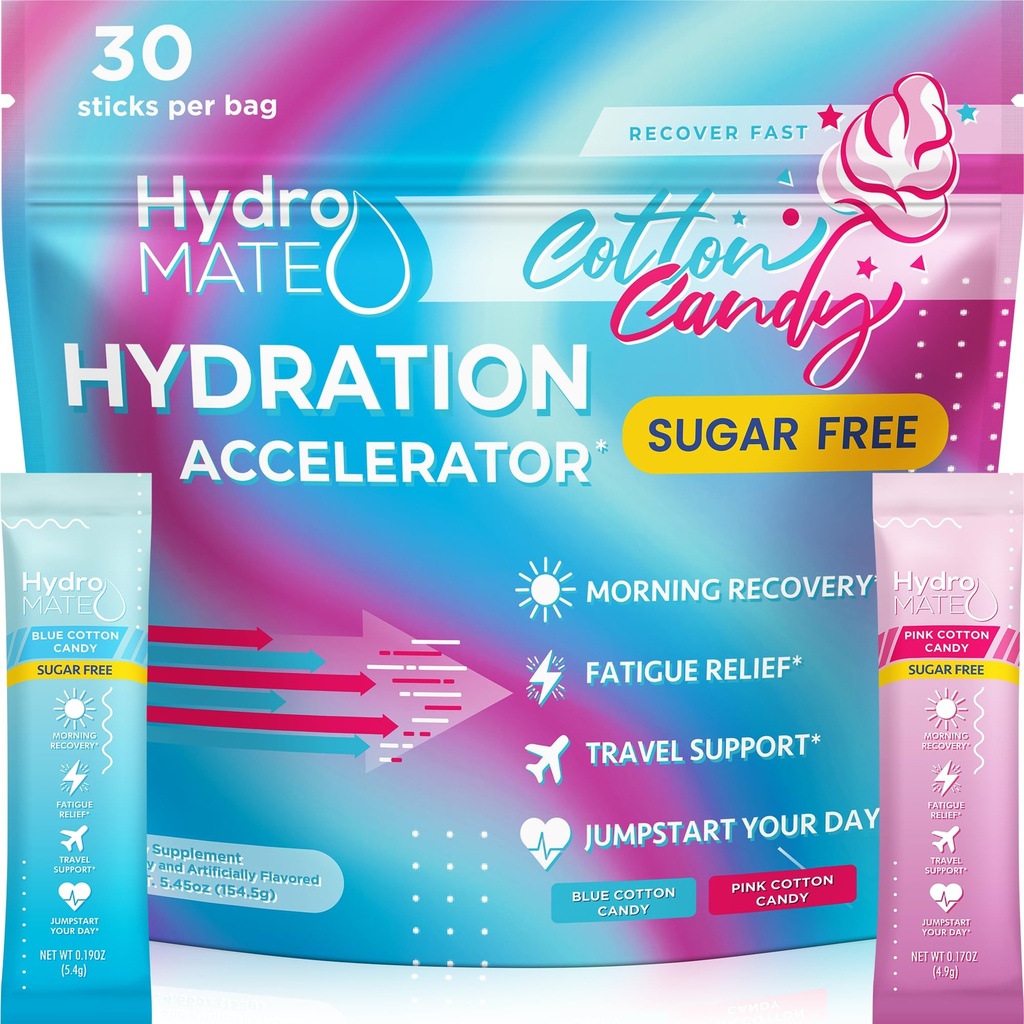 HydroMATE Elektrolyten Poeder Geen Suiker Katoen Candy - 30 Tel Instant Hydration Packets met Vitamine C Boost Energie - Suikervrije Elektrolyten ter ondersteuning Hydratatie op Keto Diet & Party Recovery