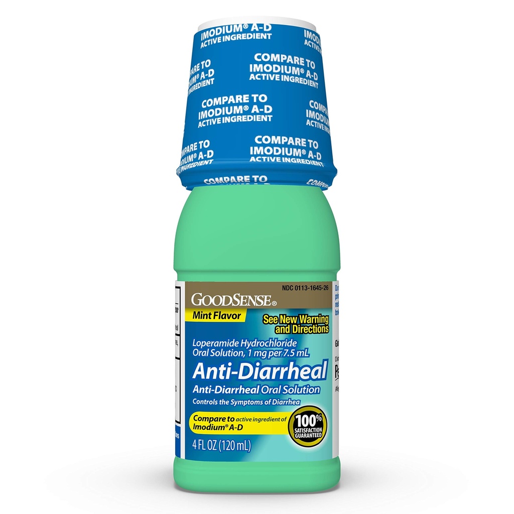 Good Sense Anti-Diarree Medicine, Loperamide Hydromide Oral Solution, 1 mg per 7,5 ml, Mint, 4 Fl Oz