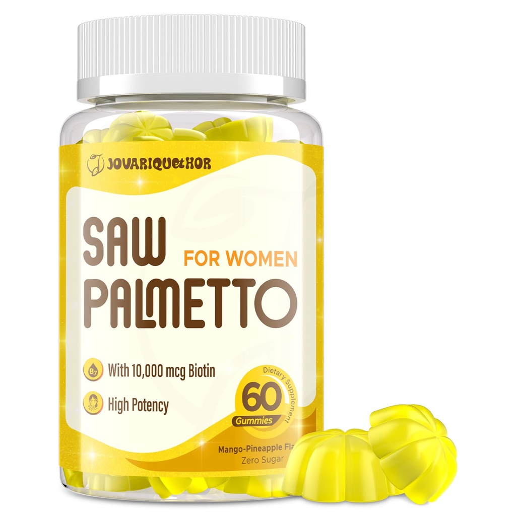 Saw Palmetto pour les femmes - Supplément de croissance de cheveux DHT Blocker - 500mg Potent Saw Palmetto Gummies pour les cheveux, la peau, les ongles, le bien-être urinaire - Mango-Pineapple Flavor - 60 Gummies