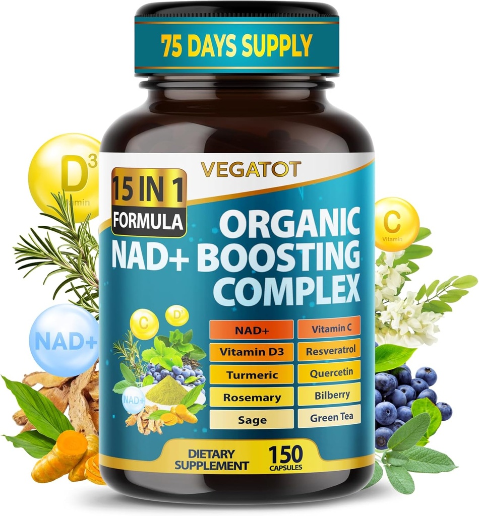 VEGATOT NAD+ Boosting Complex - Suppléments NAD pour les femmes et les hommes 15-en-1 Formule avec resvératrol Turmeric Quercetin Rosemary Bilberry Sage Green Tea