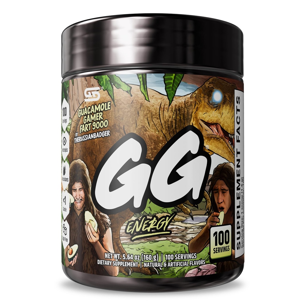 Gamer Supps GG® Energy - Guacamole Gamer Fart 9000 de TheRussianBadger (100 portions) - Keto Friendly Gaming Energy et Nootropic Blend, sans sucre + caféine biologique + vitamines, boisson en poudre