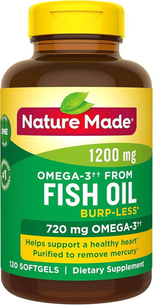 Burp-Less Fish Oil 1200 mg 1 per dag, 120 Softgels, Fish Oil Omega 3 Supplement voor de gezondheid van het hart