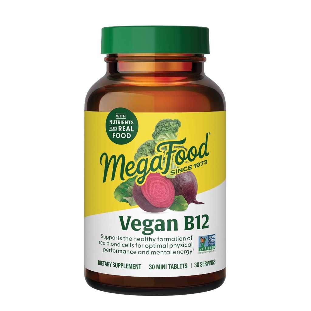 MegaFood Vegan Vitamin B12, Vitamine B Supplement met Vitamine B6, B12 Vitaminen, en Foliumzuur, Ondersteunt Cellulair Energie Productie, Zenuwstelsel Gezondheid & Cardiovasculaire Functie - 30 Tablets