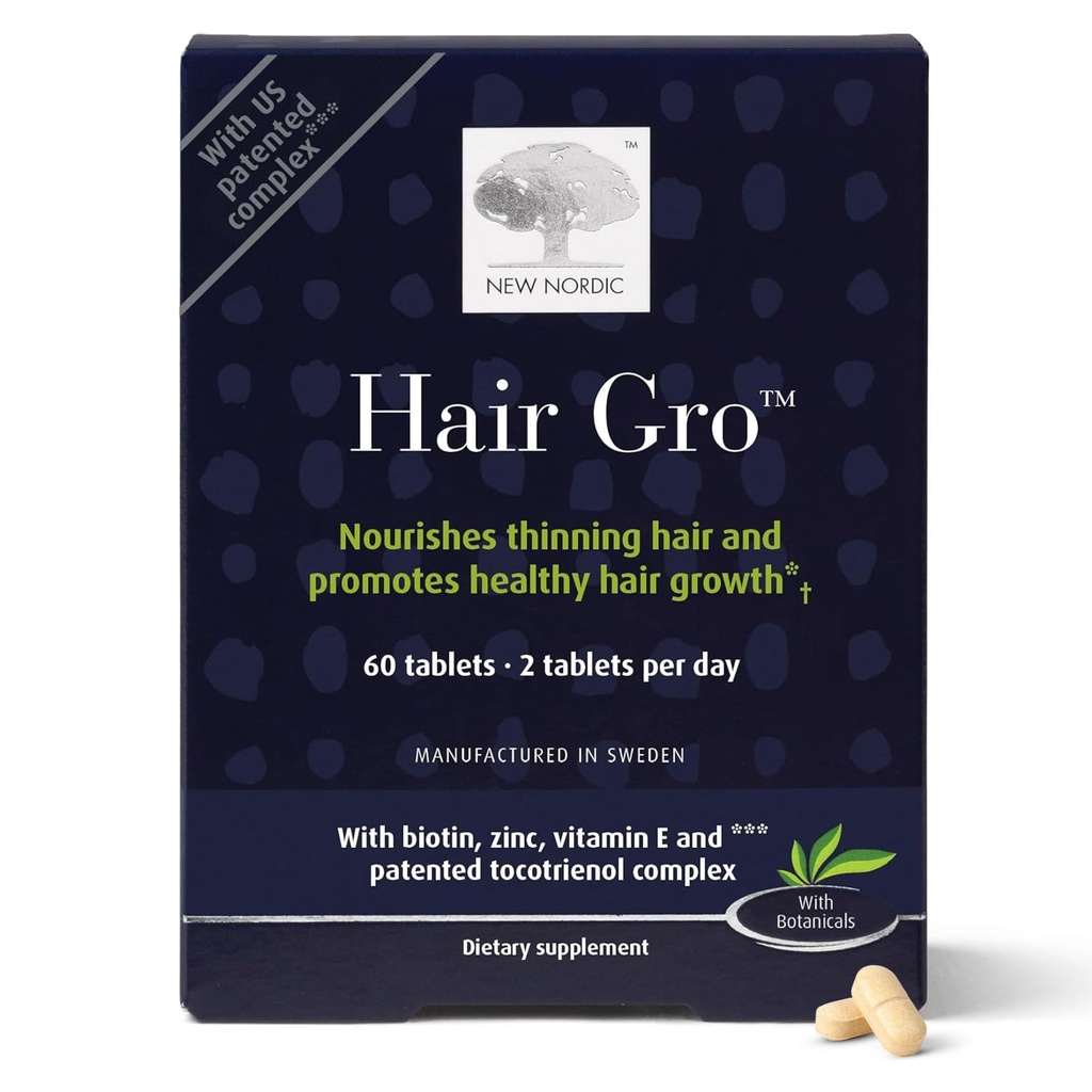 NEW NORDIC Hair GRO, complément de croissance des cheveux, Tocotriénols d'extrait de biotine et de fruits de palme pour la repousse naturelle, 60 Compte (paquet de 1)