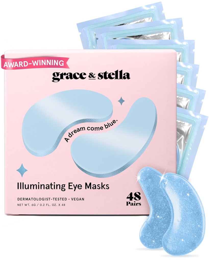 grace & stella Award Winning Under Eye Mask Reduce Dark Circles, Puffy Eyes, Undereye Bags, Wrinkles, Gel Under Eye Patches, Birthday Gifts for Women - Vegan Cruelty-Free Self Care (48 Pairs, Blue)