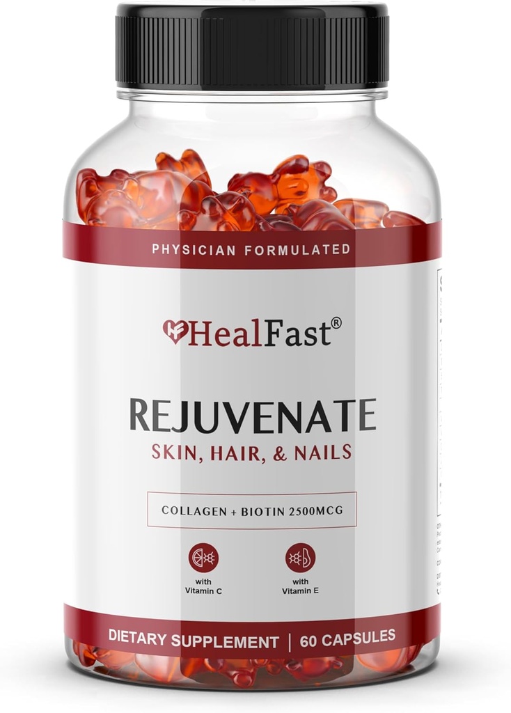 HealFast Rejuvenate Vitamine en Mineraal Gummy Supplement - Collageen Gummies + Vitaminen, Biotine en Zink - Anti Veroudering Schoonheid en huidsupplement Klinisch-gestuded en arts samengesteld - 60 Tel.