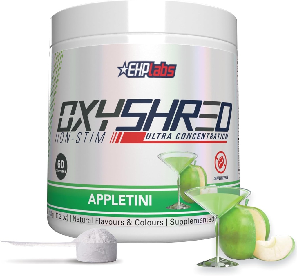 EHP Labs OxyShred Non Stimulant Pre Workout Powder - Stim Gratis Pre Workout, Cafeïne Gratis Preworkout voor mannen en vrouwen met L Glutamine & Acetyl L Carnitine - Apple, 60 Servers