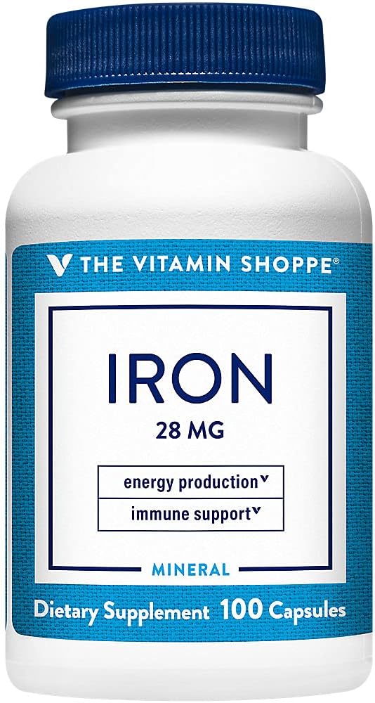 La vitamine Shoppe Fer 28G, formes de fer bien absorbées, soutient la production de santé et d'énergie immunitaire, minéral essentiel, une fois par jour (100 capsules)
