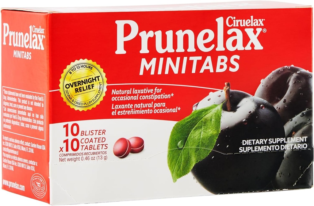 Prunelax Ciruelax Force régulière Laxative Mini Comprimés - Relief de nuit pour Constipation occasionnelle, Extrait de Senna, Vegan & sans gluten, Relief doux - 100ct