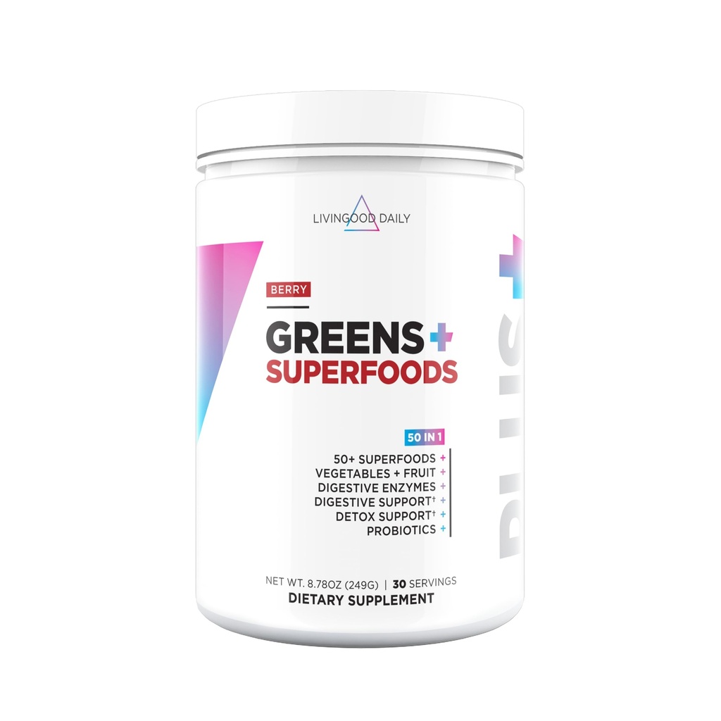 Livingood Daily Greens & Superfood Powder, Super Greens for Gut Health, Green Juice Powder with Spirulina, Chlorella, and Digestief Enzymes, Probiotica for Digestief Support, Berry, 30 Servings