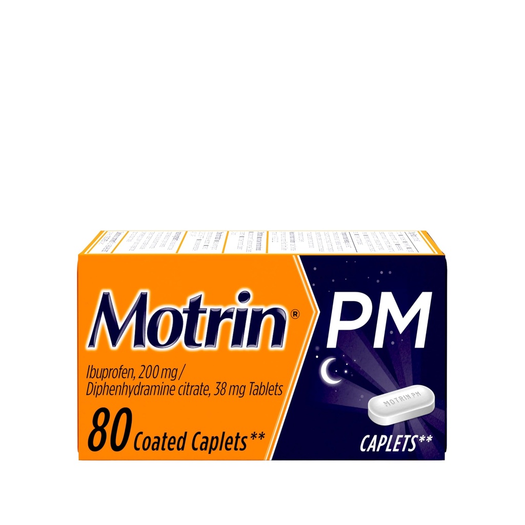 Motrin PM Caplets with 200 mg Ibuprofen & 38 mg Difenhydramine Slaaphulp, Nighttime Pain Reliever for Minor Aches & Pains, Bulk, 80 ct