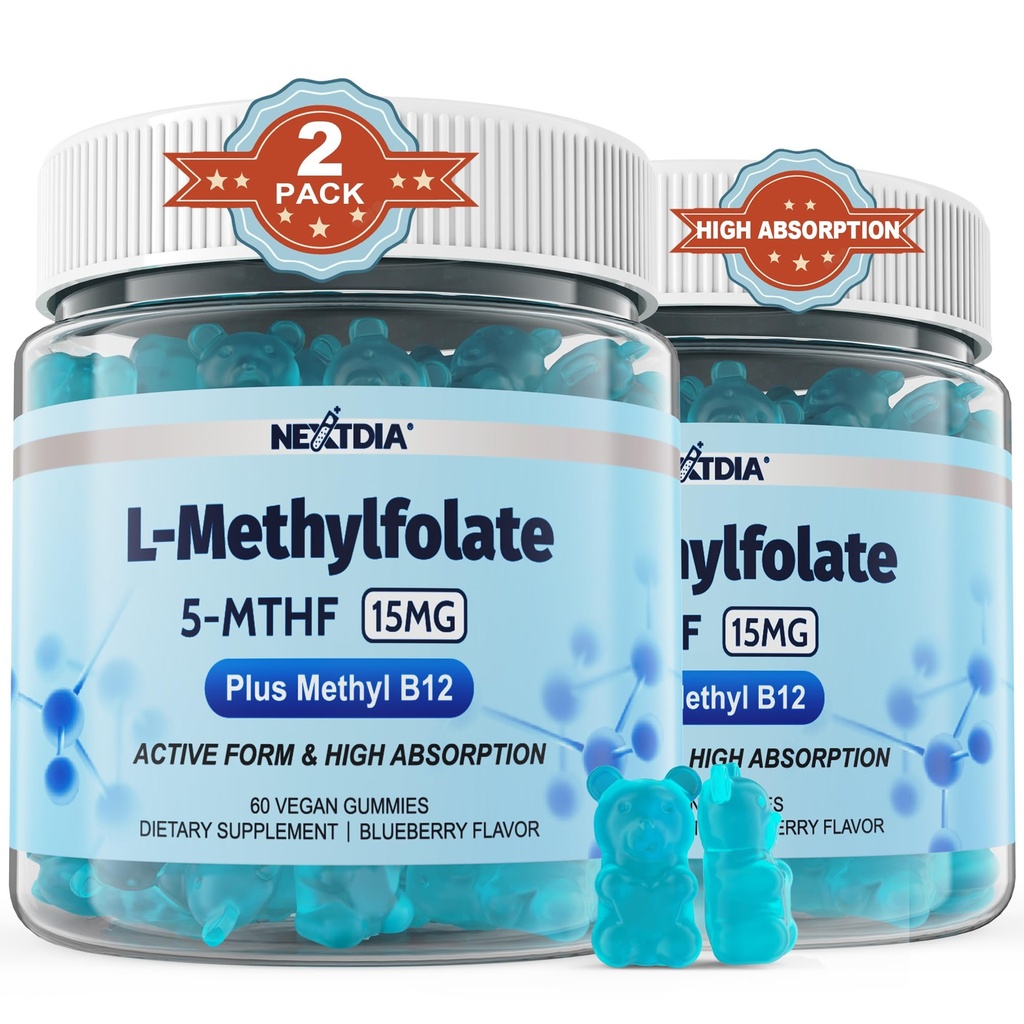 L-methylFolaat 15mg & Methyl B12 Gummies, gemethyleerd B1, B2, B6 Multivitamines - Actieve 5-MTHF & hoge absorptie - Ondersteunt MTHFR Gene, Cognition, Homocysteïne niveaus, Folaat Metabolisme, Veganistisch, 120 Cts