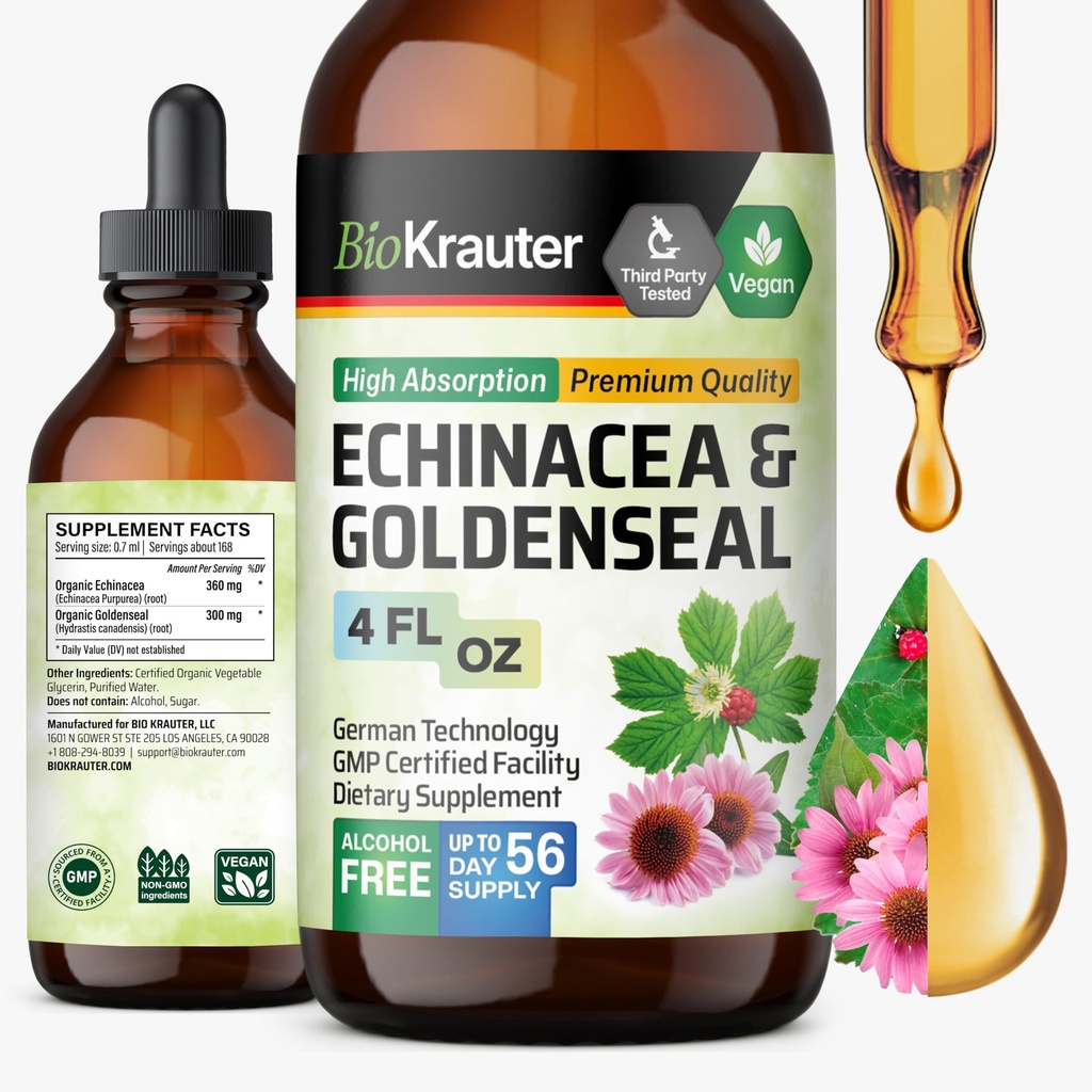 BIO KRAUTER Echinacea et extrait liquide de racine de seigle d'or - Soutien naturel immunitaire - Echinacea gouttes avec du seigle d'or - Vegan, alcool et sans sucre Teinture - 4 Fl.Oz.