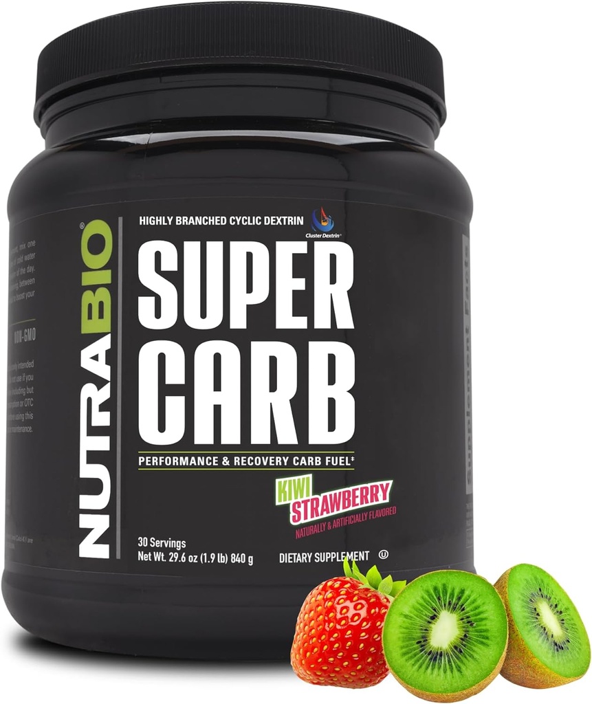 NutraBio Super Carb, Poudre d'hydrate de carbone avec dextrine en grappe et électrolytes, Poudre de supplément de carb pour le carburant d'entraînement, la performance et la récupération musculaire, Dextrine cyclique, Fraise Kiwi, 30 Sv