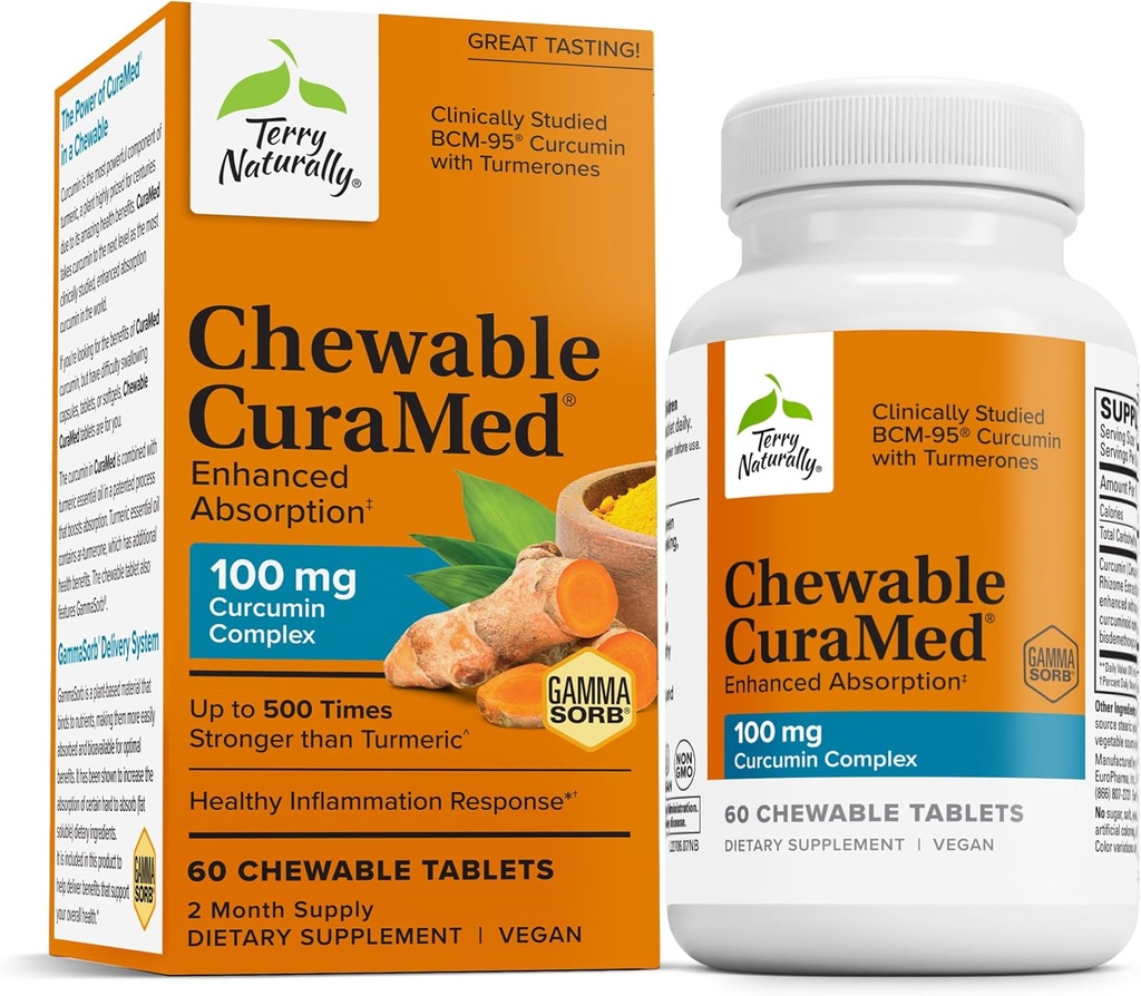 Terry naturellement CuraMed 100 mg Curcumin Complex - Supplément de Curcumine d'absorption améliorée avec curcumine curcumine - Supplément de soutien du cerveau et du foie - Supplément alimentaire végétalien - 60 comprimés à croquer