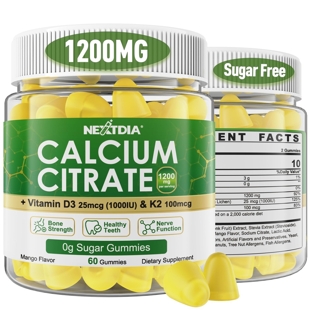 Citrate de calcium Gommies 1200mg avec vitamine D3 K2, suppléments de calcium à croquer pour les femmes et les hommes, soutien à haute puissance B0ne, Te*th, force et santé immunitaire, saveur de mangue, non-OGM, sans sucre, 120 Cts