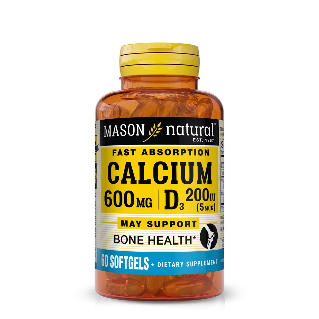 MASON NATURAL Absorption rapide Calcium avec vitamine D3 - renforce la fonction musculaire, soutient les os sains et la santé globale, 60 softgels