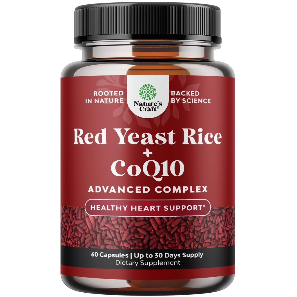 Red Gist Rice with CoQ10 Supplement - Advanced Healthy Heart & Healthy Cholesterol levels Formula for Men & Women - Extra Strength Capsule with Red Gist Rice 1200 mg Capsules with CoQ10-60 Count