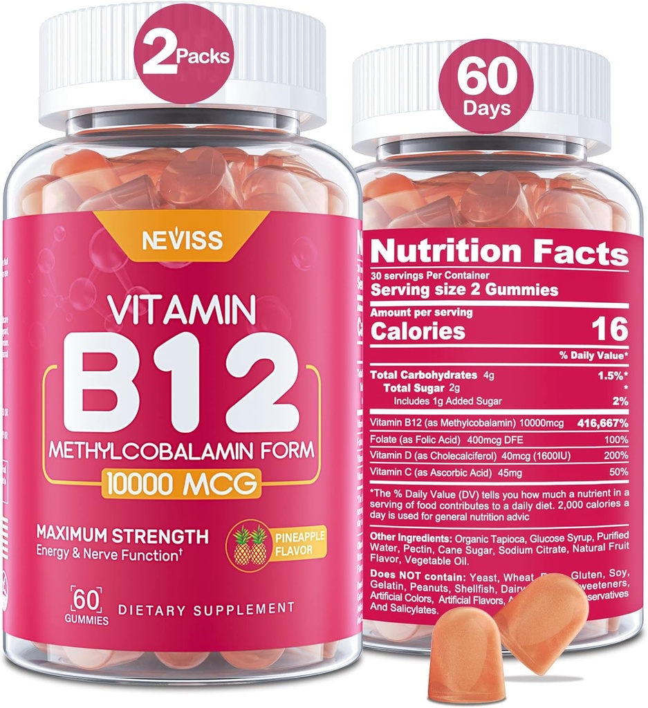 NEVISS Vitamine B12 10000 mcg (methyl B12) Gummy's met vitamine D3, B9 Vitamine Folate, Vitamine C, voor energie Boost & Metabolisme, zenuwstelsel, sterke botten, immuunondersteuning, lage suiker, 120 telling
