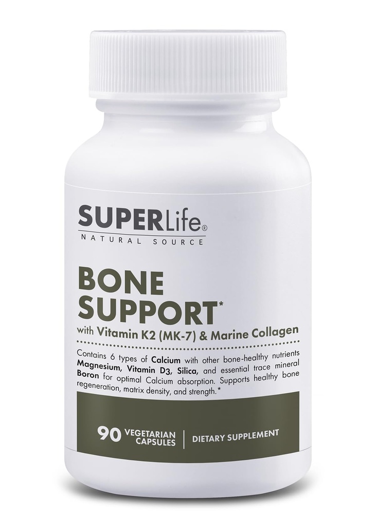 Soutien des os avec le calcium, la vitamine D3 et K2 (MK-7), le magnésium, le collagène marin et les minéraux traces de mer.