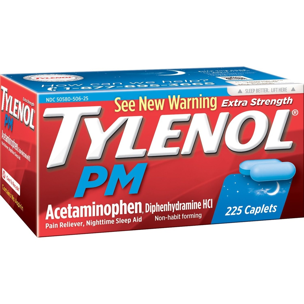 Tylenol Pm Extra sterkte pijnstiller + slaaphulp, 225-capsules (1 verpakking)