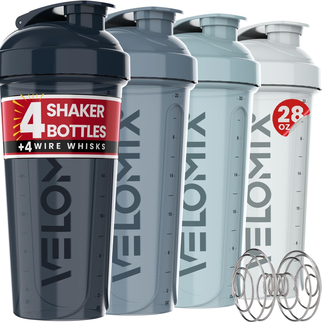 VÉLOMIX -4 PACK 28 Oz Protein Shaker Bouteille pour les mélanges de protéines - 4x Wire Whisk.