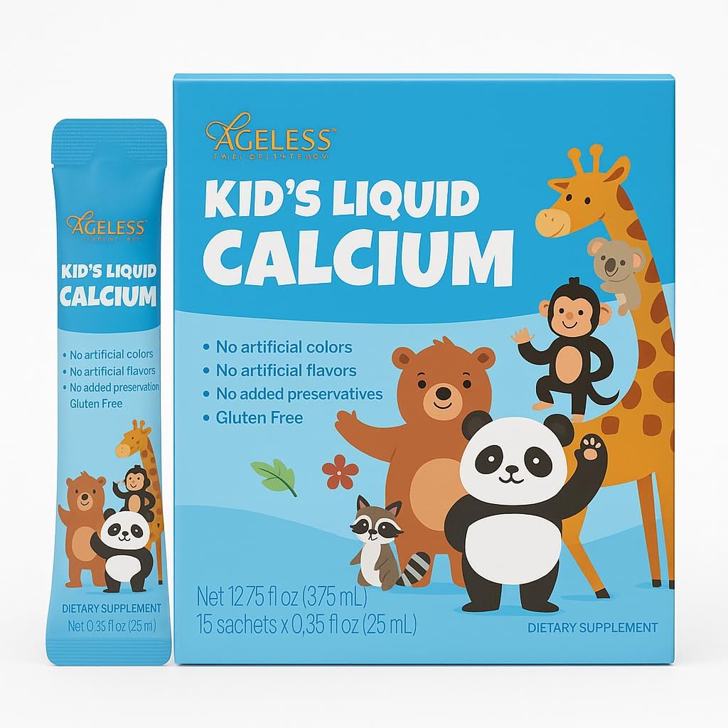 Ageless Kids Liquid Calcium Supplement, om Bones, Vitamine D, Zink en Magnesium te kweken, met Zeebasextract - Hoge Absorptie, Immune Ondersteuning, Glutenvrije - 25 ml (15 Tellen)