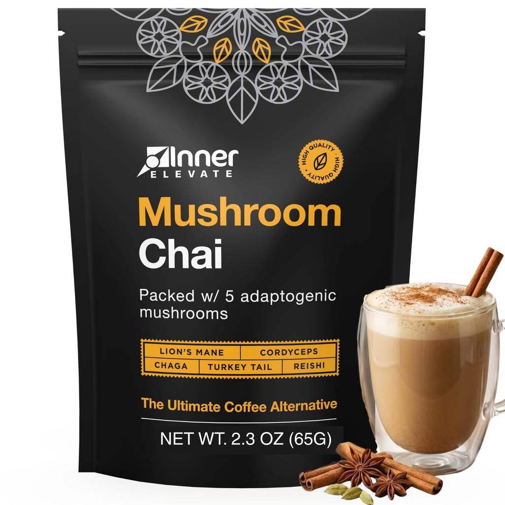 Inner Elevate Superfood Mushroom Chai - Ultimate Coffee Alternatief - Adaptogenic Mushroom Tea Drink met Lion's Mane, Cordyceps, Chaga, Reishi, Turkije staart (35 Serves)