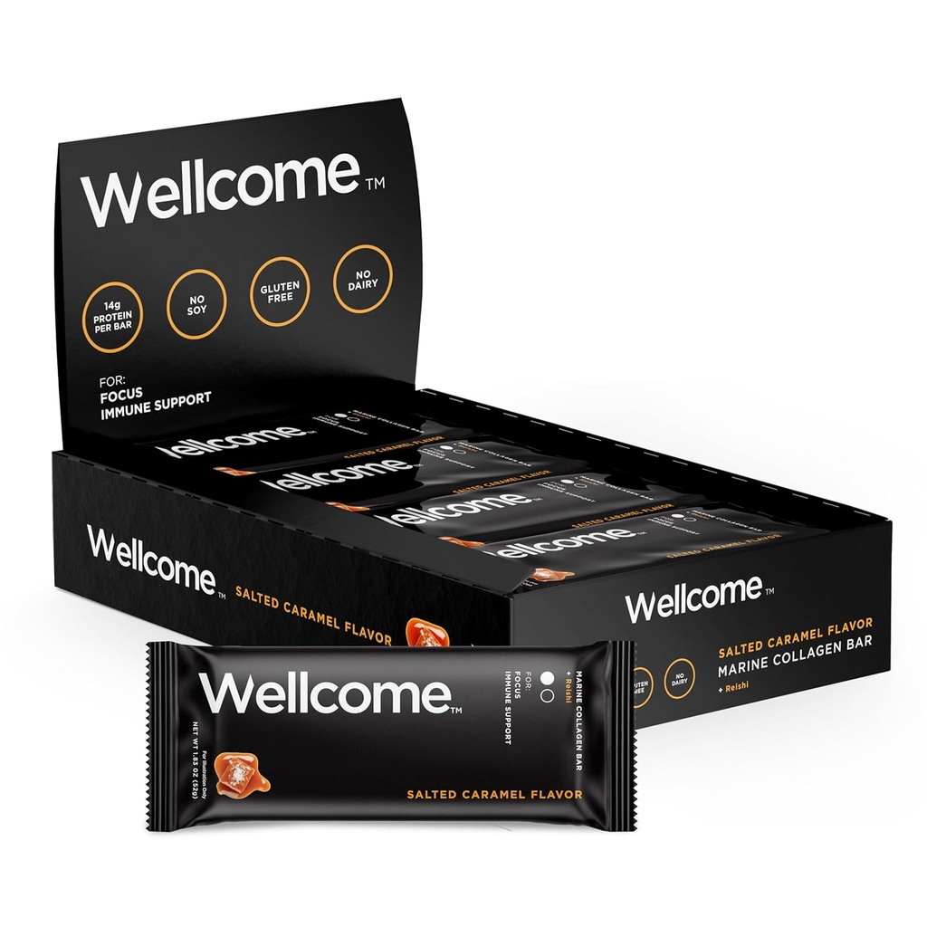 Wellcome Salted Caramel Marine Collageen Proteine Bar met Reishi Mushroom voor energie- en immuunondersteuning - Adaptogenic Snack Bar - Dairy Free Health Bar voor functionele actieve levensstijl (pakket van 12)
