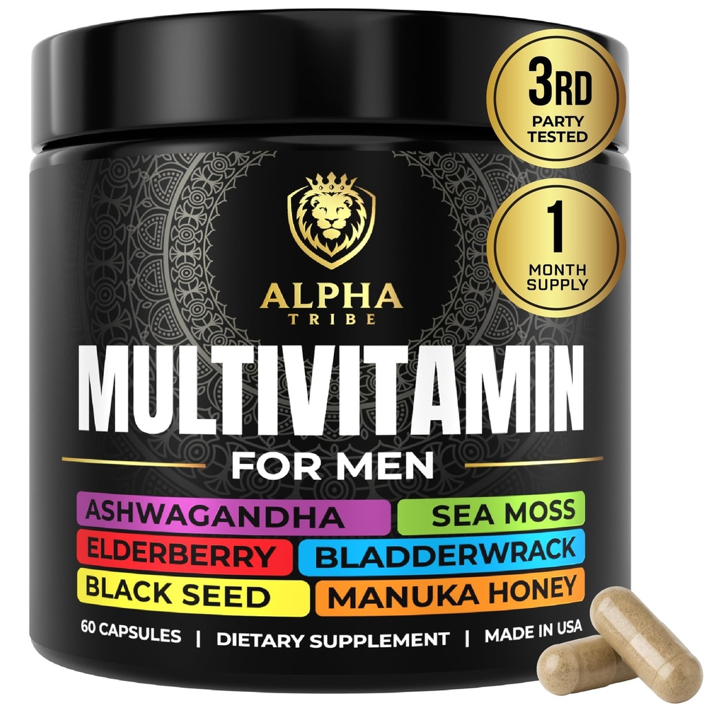 Alpha Tribe Multivitamin for Men with Seamoss Black Seed Oil Ashwagandha Burdock Root, Turmeric Bladderwrack, Vitamin C, Elderberry, Manuka, Yellow Dock | Daily Men's Vitamins and Minerals Supplement