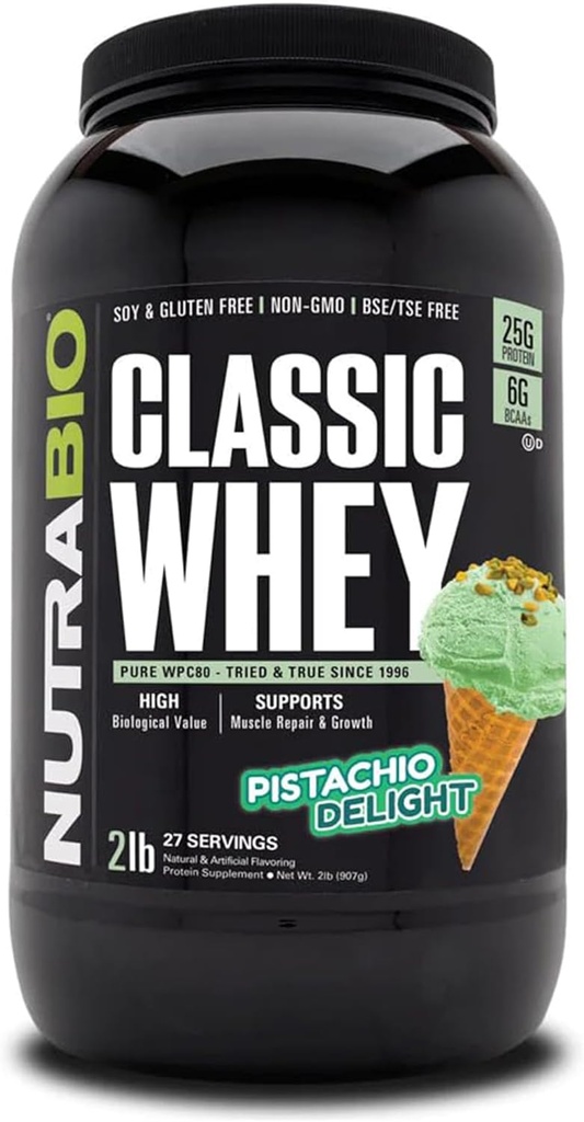 NutraBio Classic Wei Proteïne Poeder- 25G Proteïne per schep - Vol-Spectrum Aminozuur Profiel - Geen vullingen, kunstmatige kleuren, conserveringsmiddelen - (Pistachio Delight, 2 pond)