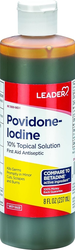 Leader Povidone Iodine 10% Prep Solution USP, premiers soins antiseptiques nettoyant les plaies, lavage des plaies, savon antiseptique (8 Fl Oz, paquet de 1)