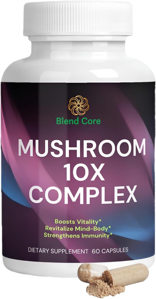 Mushroom 10X Complex - Lions Mane, Reishi en Cordyceps - Supplement for Natural Energy & Stress Relief - Immune Boost - Focus & Memory - Natural & Non-GMO