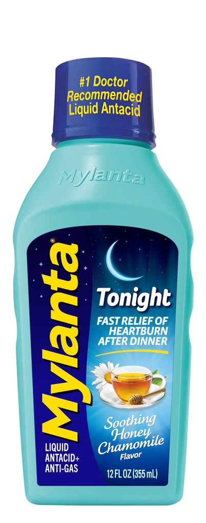 Mylanta Heartburn and Gas Relief, Liquid Antacid, Tonight Formula, Honey Kamille Flavor, 12 Fl Oz