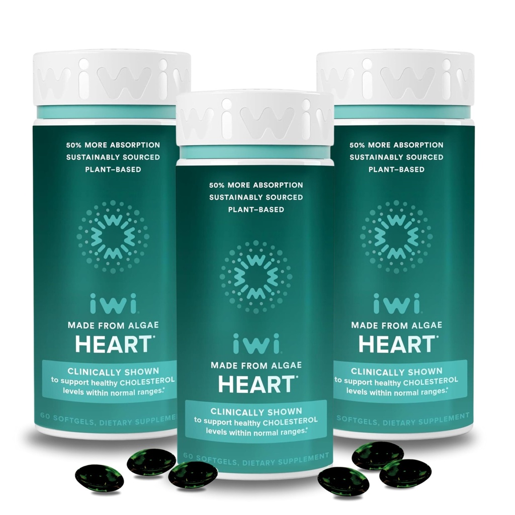 Iwi Life Heart Omega-3, 180 Softgels (90 Servings), Vegan Plant Based Algen Omega vetzuren + EPA, Heart Health Support Dieetsupplement, Krill & Fish Oil Alternative, No Fishy Aftersmaak