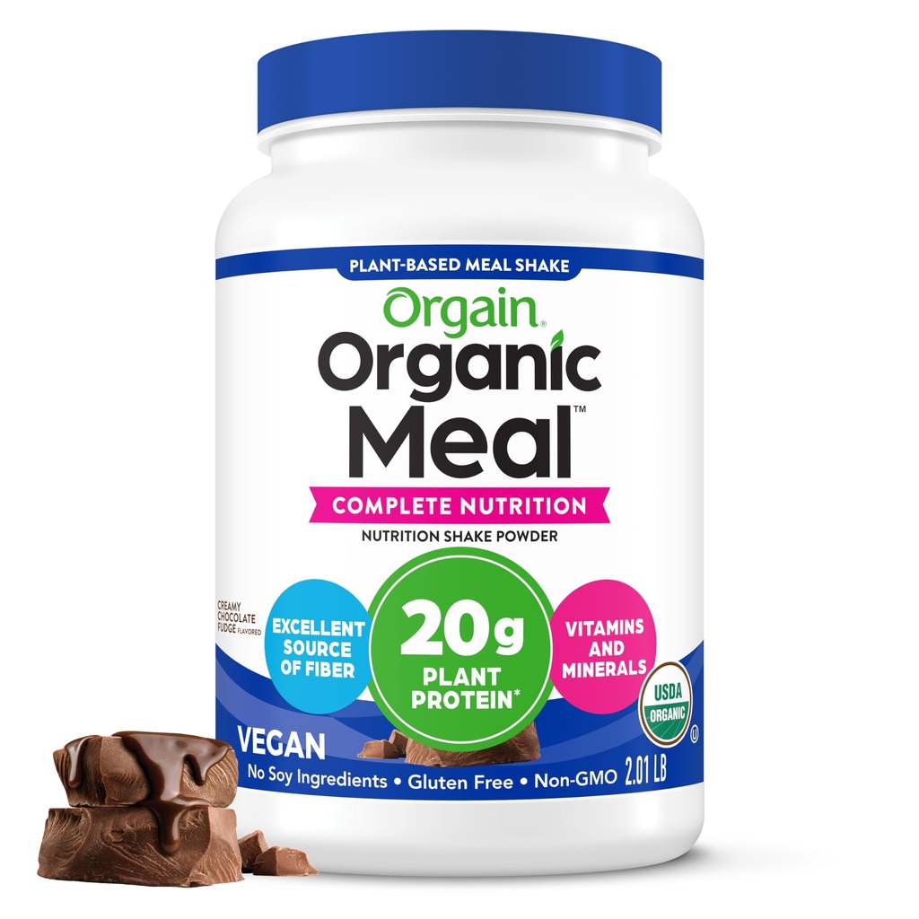 Orgain Organic Vegan Meal Replacement Protein Powder, Romige Chocolade Fudge - 20g Plant Based Protein, Glutenvrij, Zuivelvrij, Lactosevrij, Sojavrij, Geen Suiker Toegevoegd, Voor Smoothies & Shakes - 2.03lb
