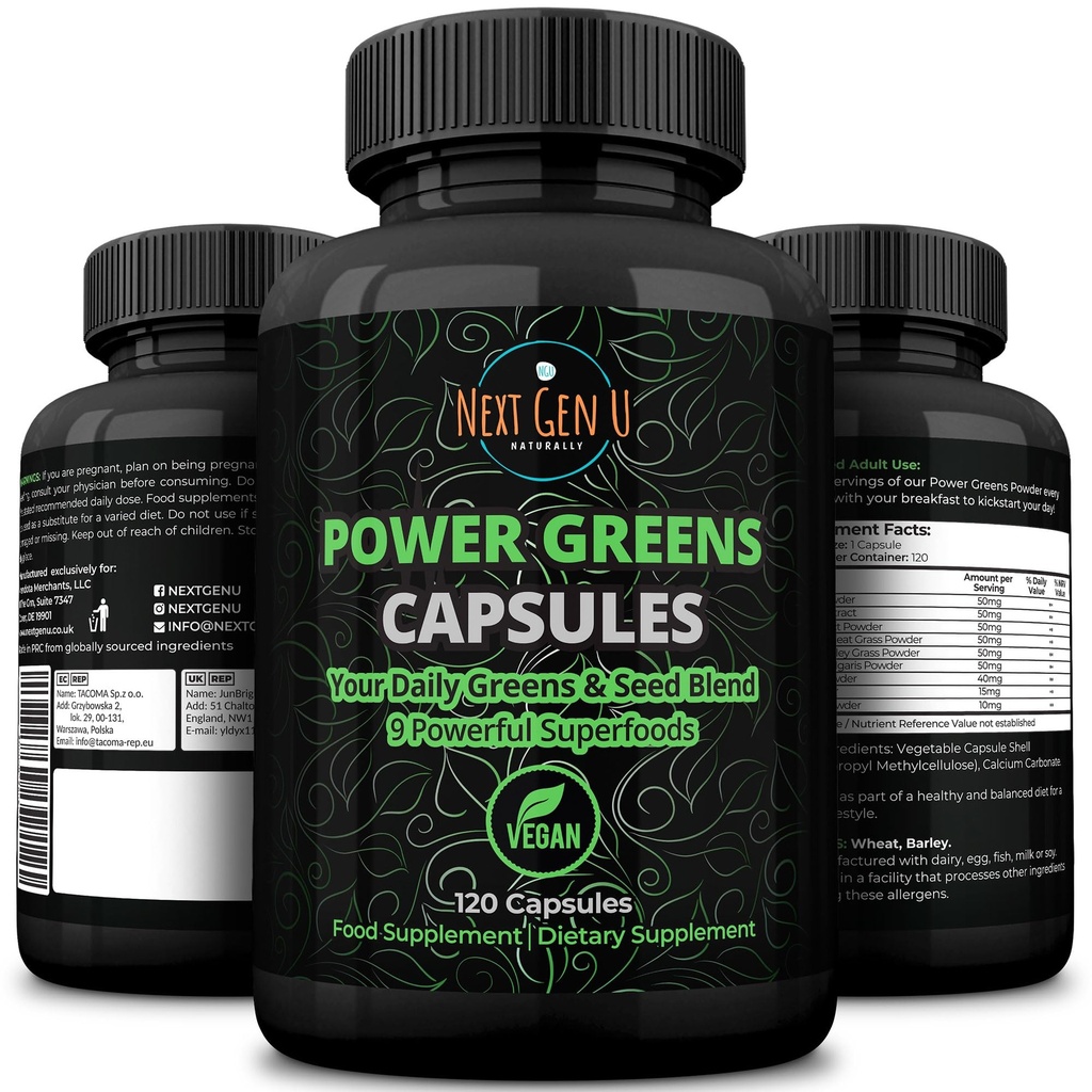 Super Greens - Système immunitaire - 500 mg 120 capsules végétaliennes - Superfoods pour Booster quotidien - Mélange de kéto sain avec açai, blégrass, Guarana, Chlorella, Lin, Matcha, Maca - par NextGenU