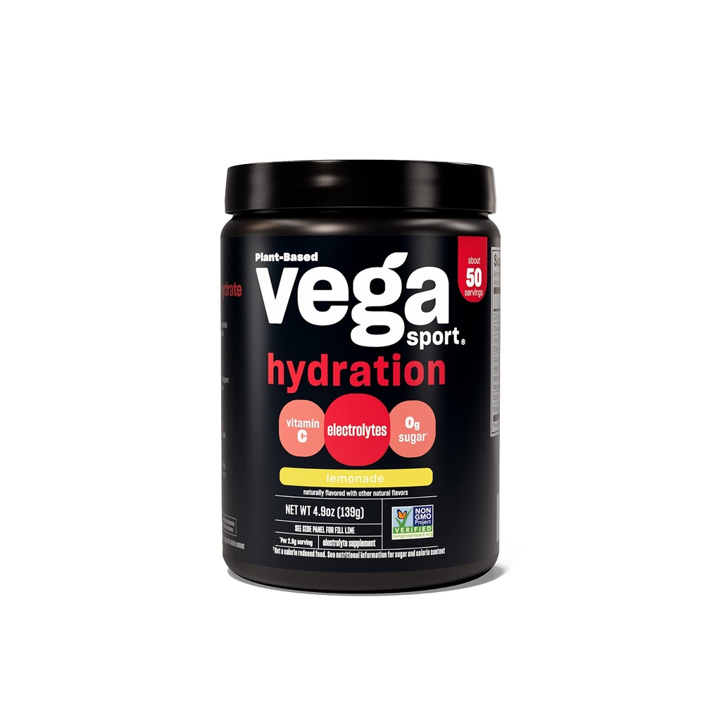 Vega Sport Hydratation Poudre d'électrolyte, Lémonade - Boissons de récupération après entraînement pour les femmes et les hommes, Vitamine C, Vegan, Keto, Sans sucre, Sans lait, Sans gluten, Sans OGM, 4,9 oz