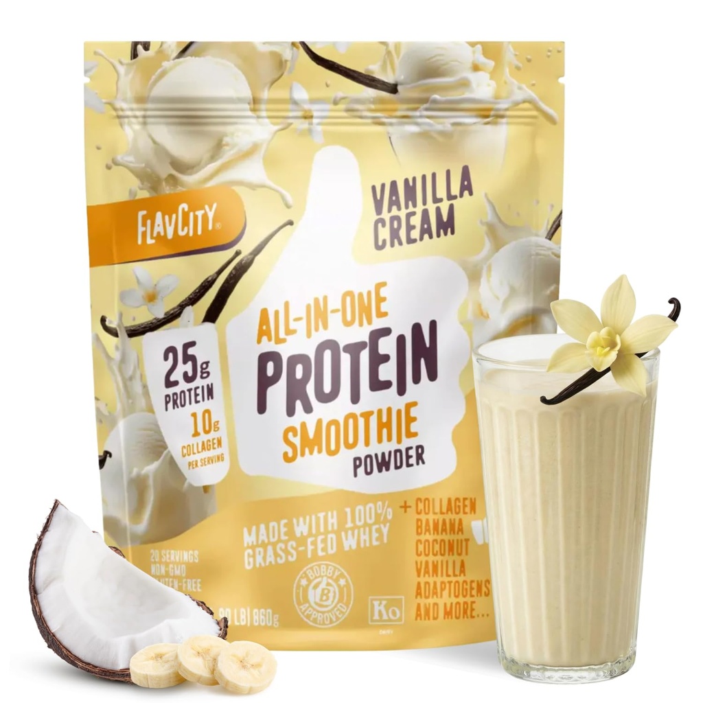 Vanille de FlavCity Tous dans une seule protéine Shake Poudre - Sur l'aller repas Alternative + Collagène Peptides, Reishi & Cordyceps - Focus, Peau, Cheveux et Soutien articulaire - 100% gazon Fed Whey, 20 services