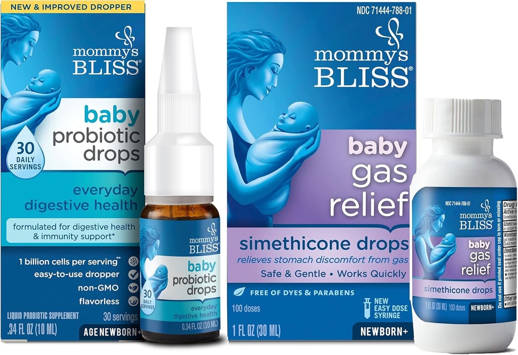 Mama's Gelukzaligheid Baby Probiotische Drops Everyday for Digestive and Immunity Health, 30 Servings (Pack of 1) met Fast-Acting Baby Gas Relief Drops 100 Servers (Pack of 1)