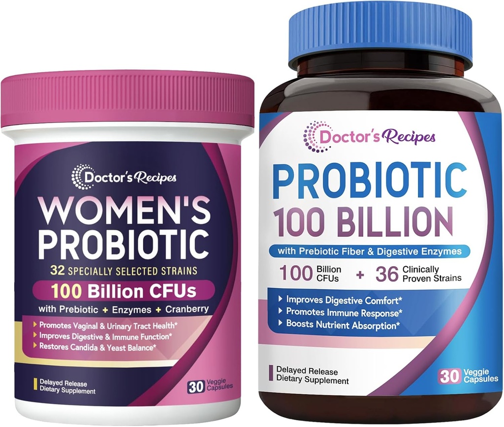 Recettes du médecin Femmes Probiotiques et probiotiques 100 milliards d'UFC Bundle, santé vaginale et urinaire, confort digestif pour les hommes et les femmes, plateau stable, libération retardée