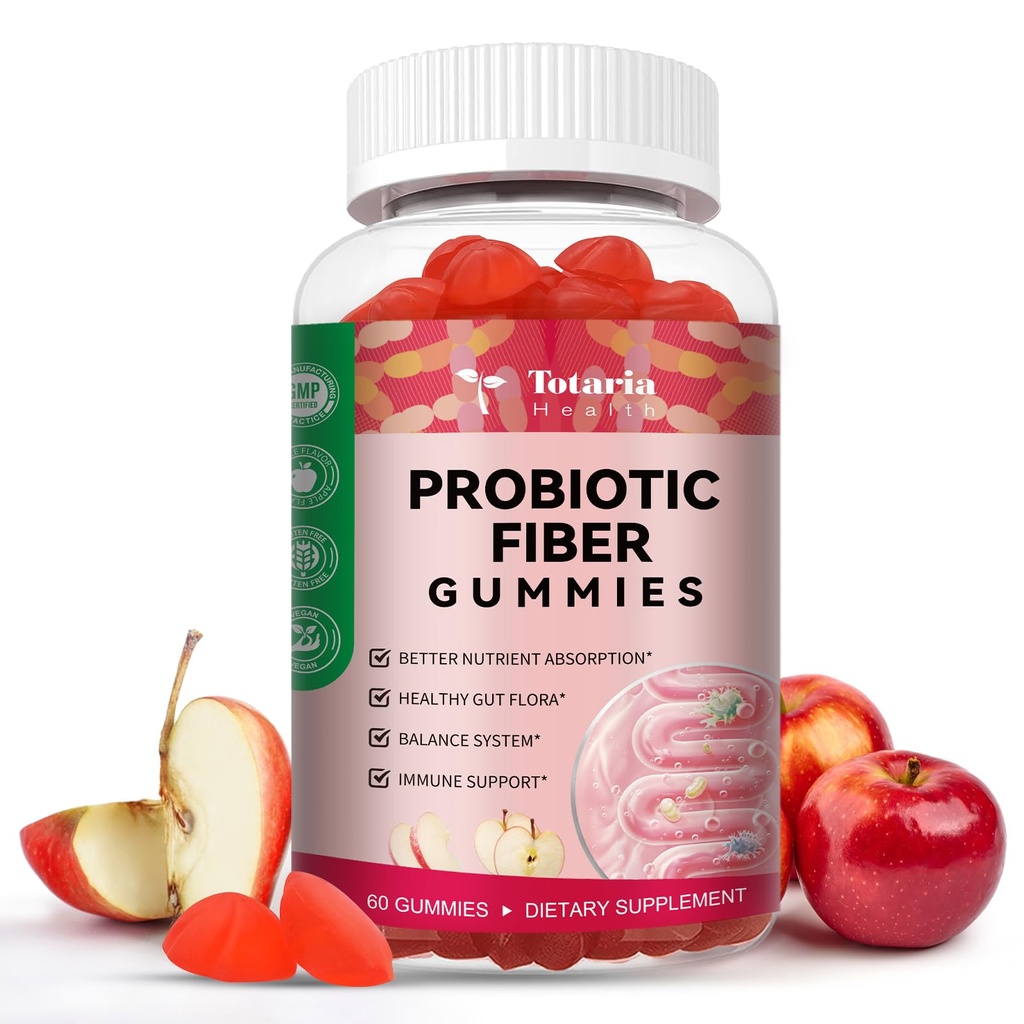 Totaria 9-en-1 Gommies de fibre probiotique pour adultes et adolescents 16G Fibre par service, Supplément de fibre de Psyllium avec 5 Million CFU Bacillus Coagulans, Inuline, vinaigre de cidre de pomme pour le bien-être digestif et Gut - 60 Gommies