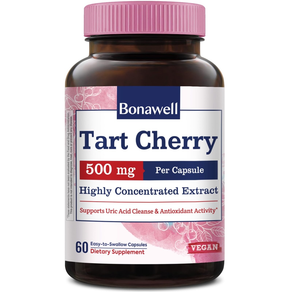 Tart Cherry Capsule, 500mg Extract Per Capsule, Made from Montmorency Tart Cherries, Powerful Uric Acid Cleanse, Antioxidant Support, 2 Month Supply, 60 Capsules