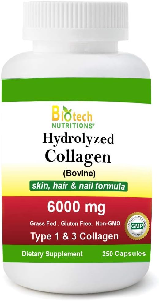 Hydrolysé Collagène Bovin de type 1 et 3 6000 mg Servir 250 comprimés Herbacé sans gluten sans OGM